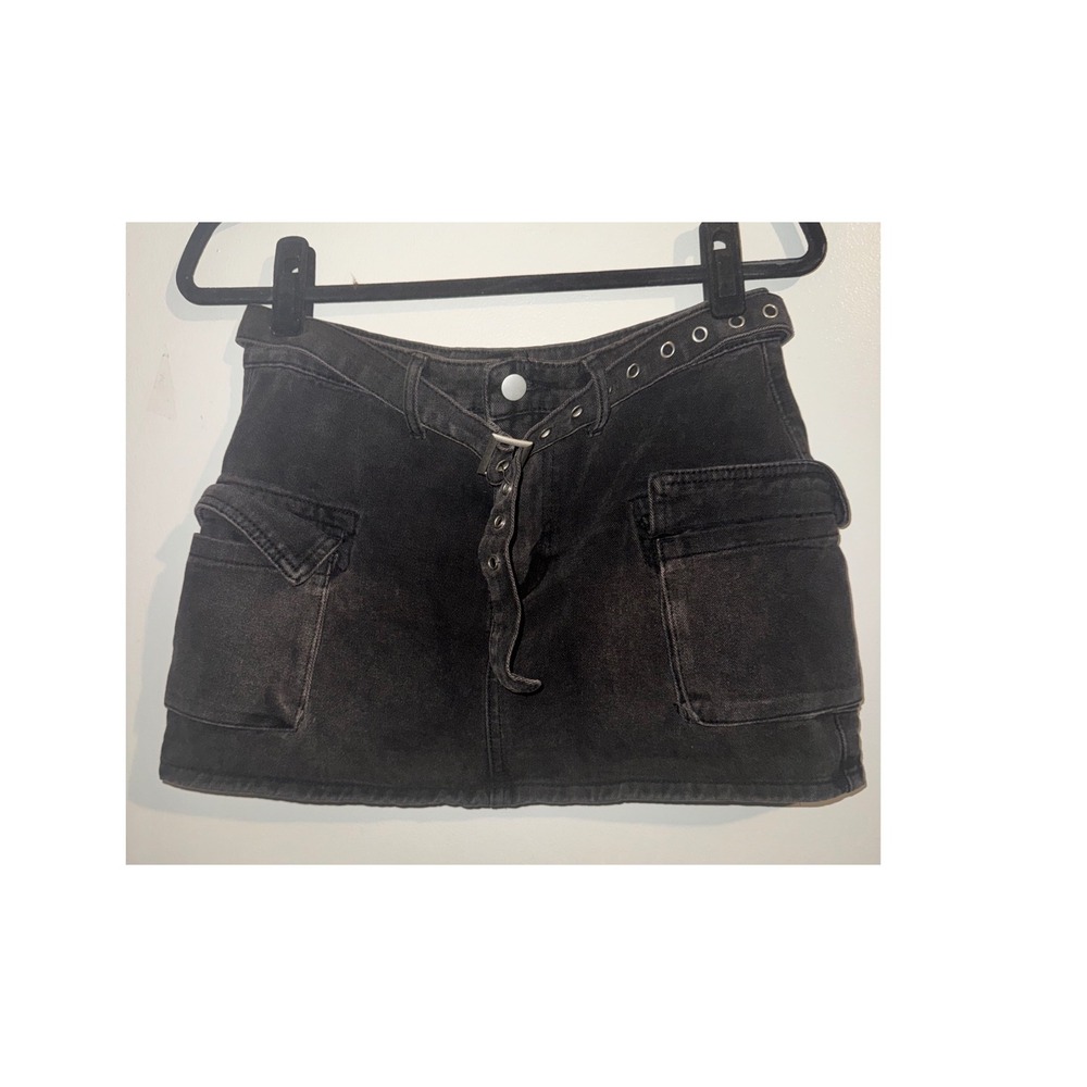 Vtg Y2k Charlotte Russe Black Denim Cargo Mini Skirt Grommet Belt Sz M 2000s